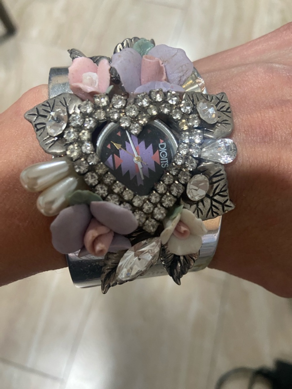 Silver Heart Crystal Floral Cuff Bracelet Watch - Pink & Lavender